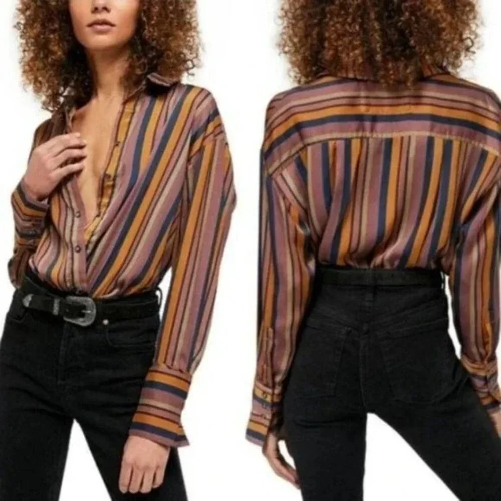 Free People Striped Satin Boyfriend Button-Down Shirt